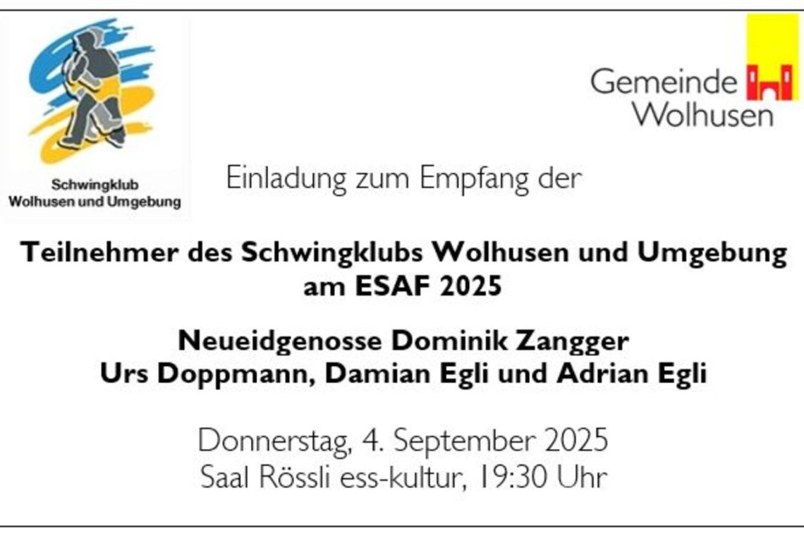 Einladung zum Empfang der Schwinger des Schwingklubs Wolhusen mit dem Neueidgenossen Dominik Zangger