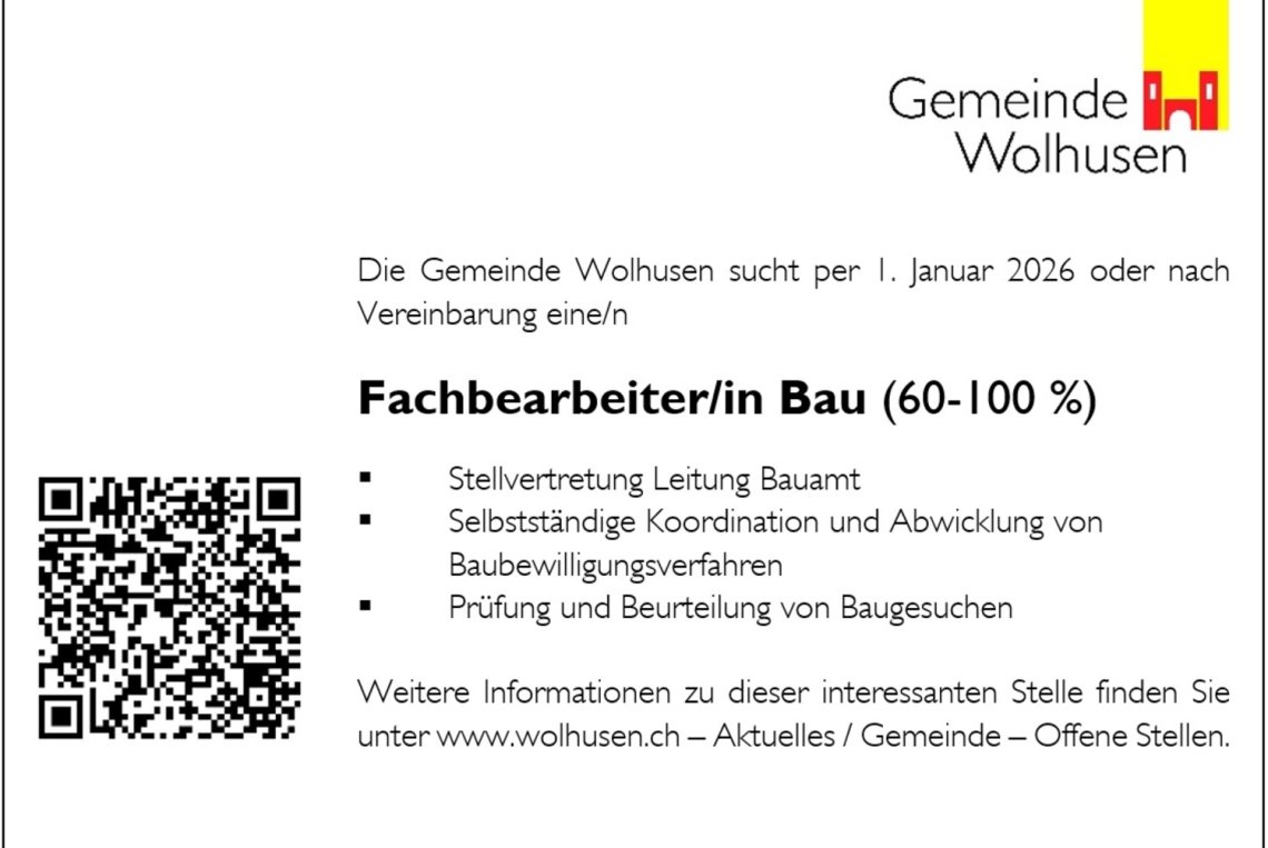 Stellenausschreibung Fachbearbeiter/in Bau (60 - 100 %)